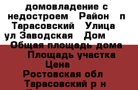 домовладение с недостроем › Район ­ п.Тарасовский › Улица ­ ул.Заводская › Дом ­ 18 › Общая площадь дома ­ 43 › Площадь участка ­ 1 515 › Цена ­ 600 000 - Ростовская обл., Тарасовский р-н, Тарасовский пгт Недвижимость » Дома, коттеджи, дачи продажа   